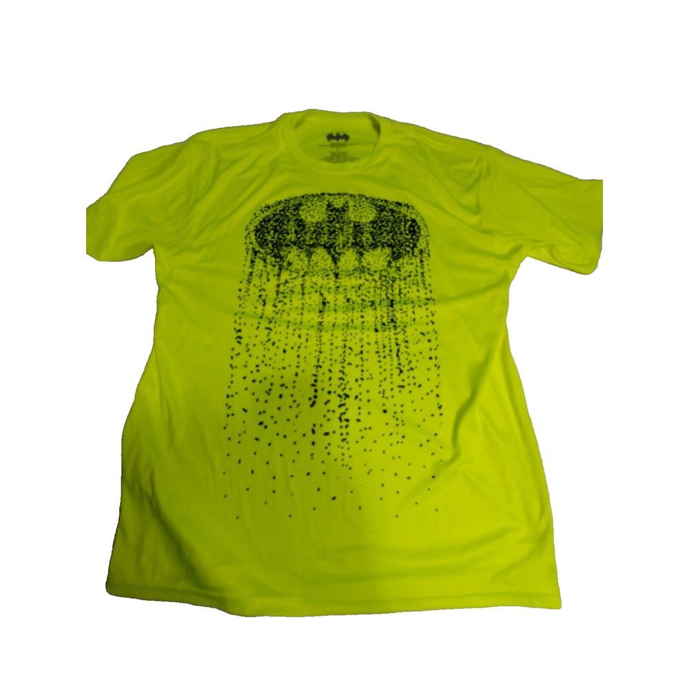 DC Comics Batman LARGE Black Raised Logo Tee T-Shirt Neon Yellow 100%‎ Polyester
